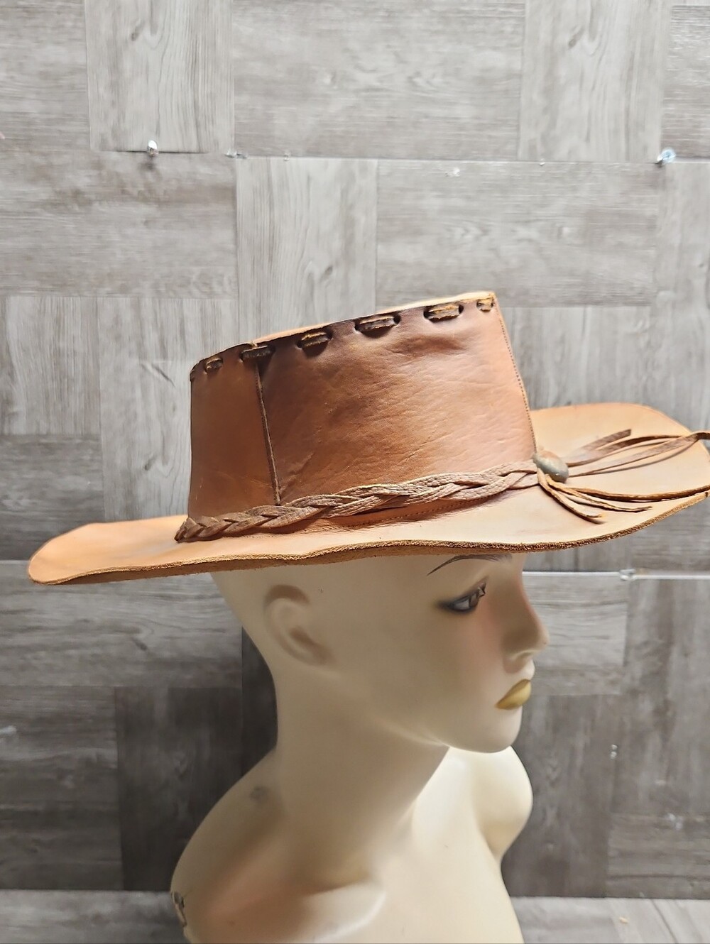 Leather Outback Western Cowboy Style Leather Hat Braided Accent
